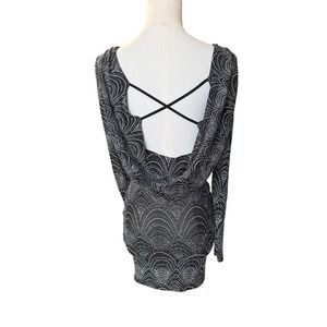 IRIS Black Silver Glitter Art Deco Cowl Back Bodycon Mini Dress Small LS